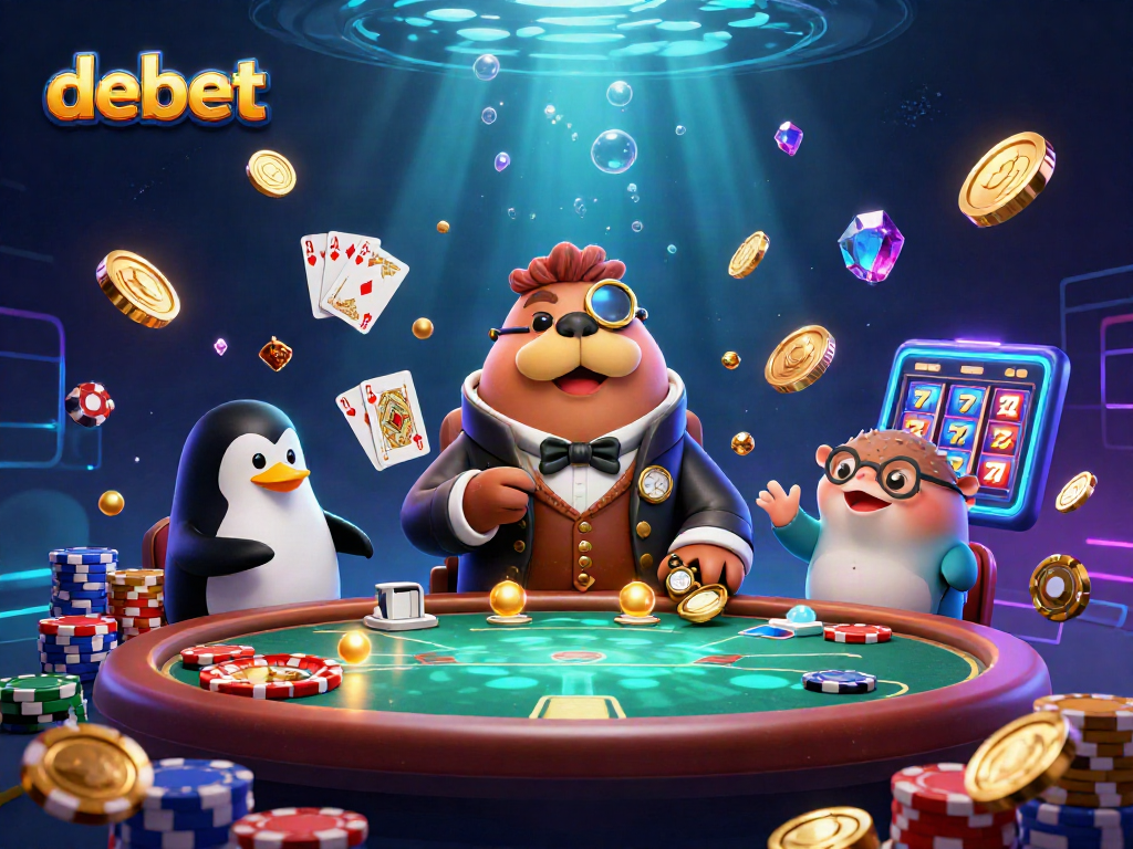 Engage in thrilling gambling adventures with debet's dynamic underwater casino scene featuring a poker table.