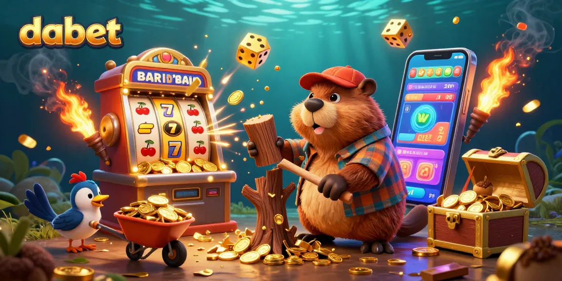 Dabet's lively scene shows a beaver and friends collecting coins while enjoying a slot machine jackpot.