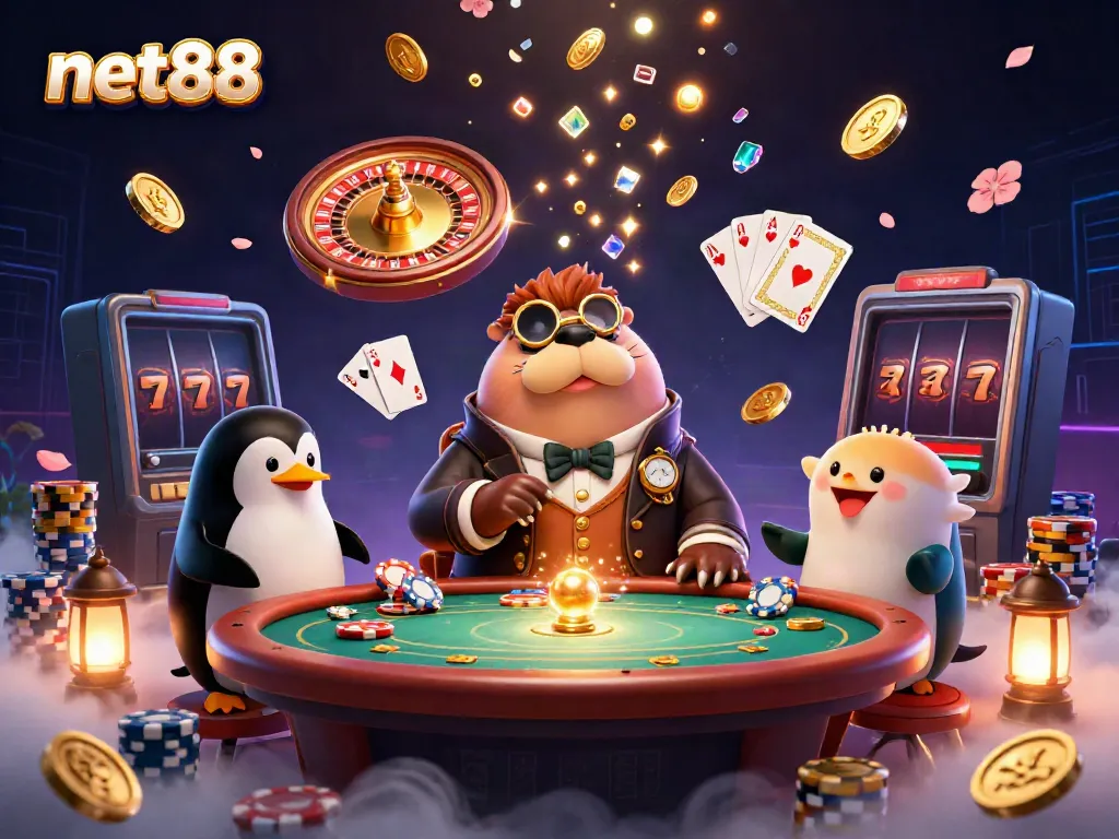 Experience thrilling poker action with net88 featuring a jolly walrus and friends at an underwater casino table.