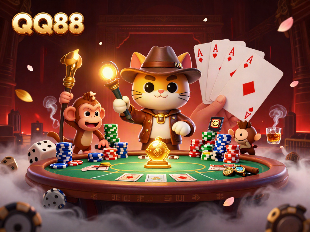 Experience thrilling gaming action at QQ88 with a cartoon explorer uncovering a golden casino artifact.