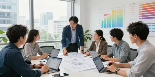 Quantity surveyor collaborating with a team on construction projects in a bright office.