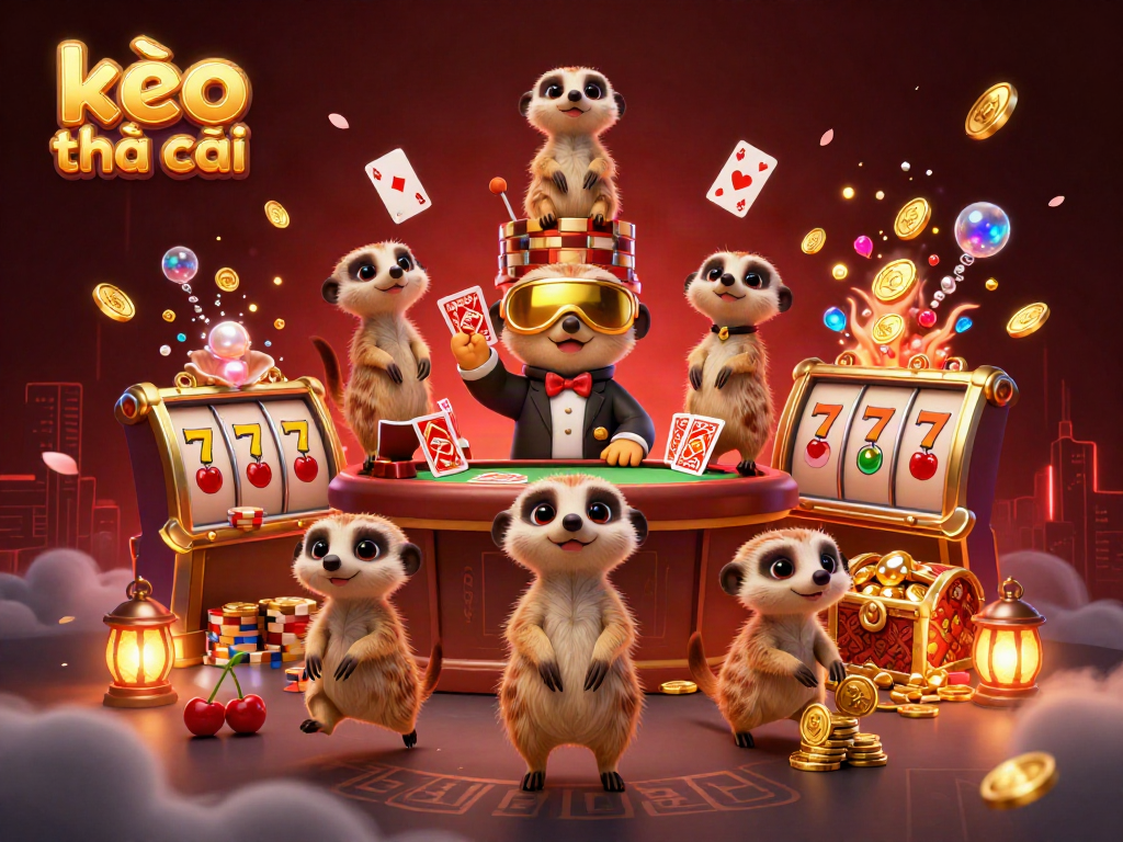 Experience kèo nhà cái action with 3D meerkats managing a vibrant casino, surrounded by slot reels and treasure