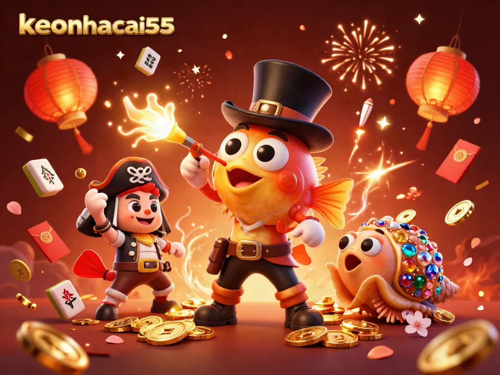 Engaging visual of keonhacai55, featuring vivid characters like an anglerfish and shrimp in a colorful casino setting.
