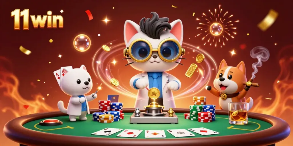 Engage in thrilling gameplay with 11 win's cartoon mad scientist cat creating fortune in a vibrant casino scene.