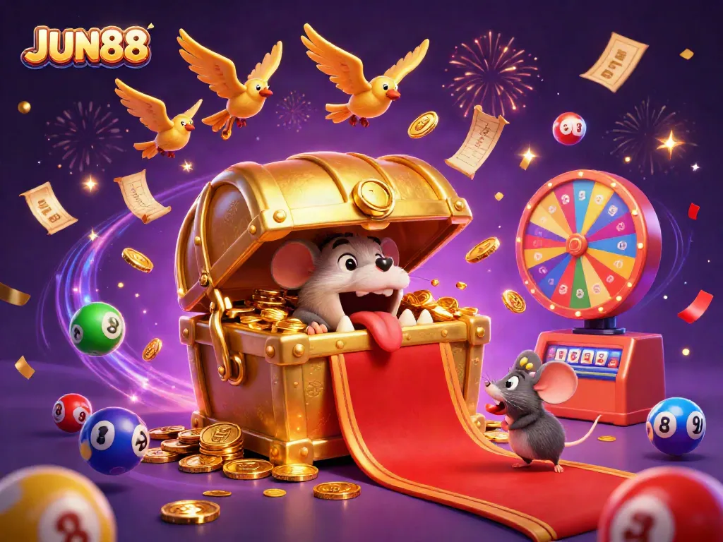 Experience the excitement of JUN88 gaming with a vibrant 3D casino illustration featuring treasure chests, lottery balls, and confetti.