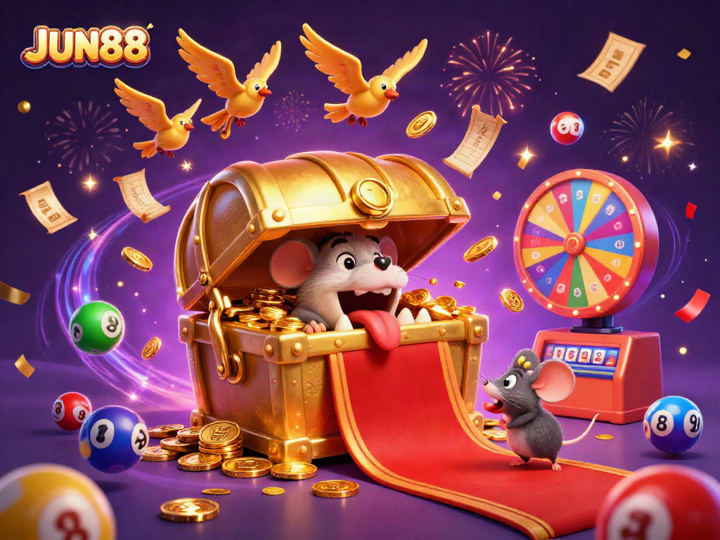 Experience the excitement of JUN88 gaming with a vibrant 3D casino illustration featuring treasure chests, lottery balls, and confetti.