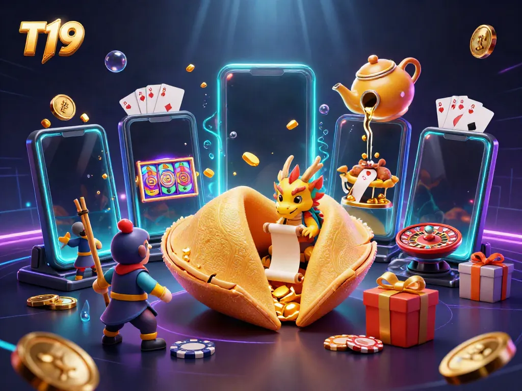 T19 draws players into a vibrant casino scene with a golden fortune cookie, wise dragon, and dynamic slot games.