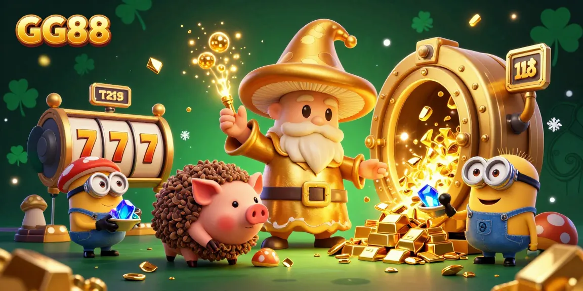 Experience the excitement of GG88 with golden treasures, vibrant gems, and dynamic slot gameplay in this colorful casino illustration.