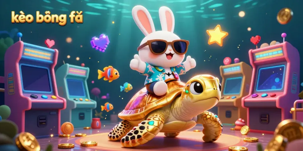 Engage in thrilling kèo bóng đá excitement with a lucky rabbit and golden turtle in an energetic casino scene.