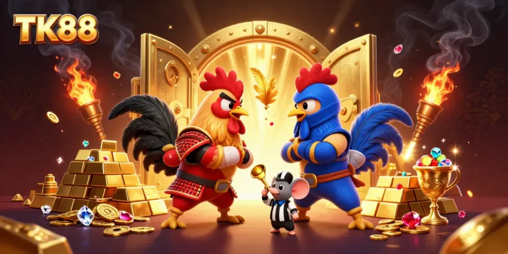 Experience thrilling moments at TK88 as cartoon fighting roosters clash amid treasures.