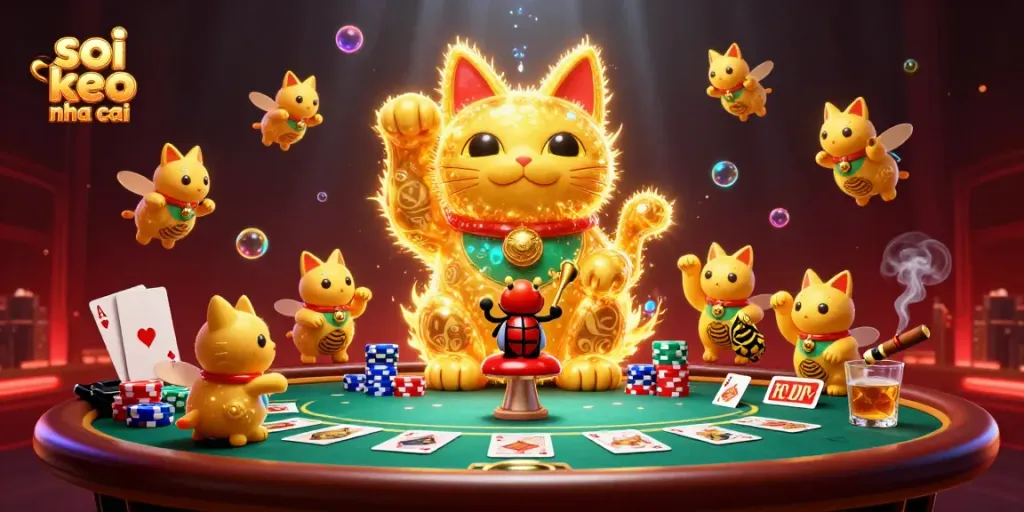 Engage in gaming excitement with the lucky cat and vibrant casino elements in soi keo nha cai.