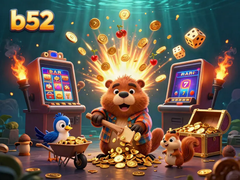 Experience thrilling gameplay at b52 with a lively beaver character, jackpot slot machine, and festive gold coin rain.