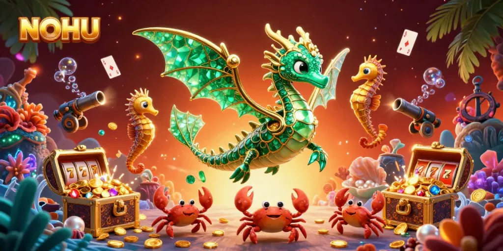 Experience jackpot excitement at NOHU with vibrant sea dragon and treasure-filled underwater scene.