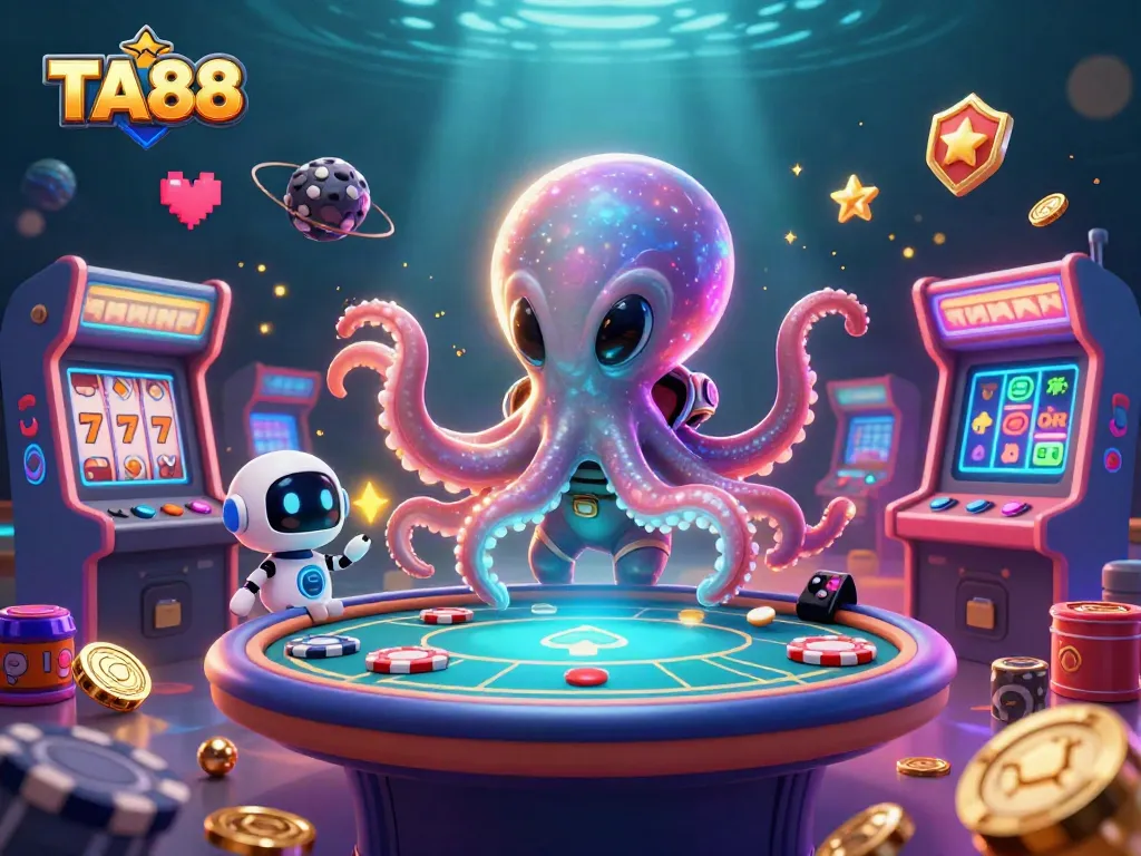 TA88 showcases an alien octopus at a floating poker table amidst cosmic casino elements.