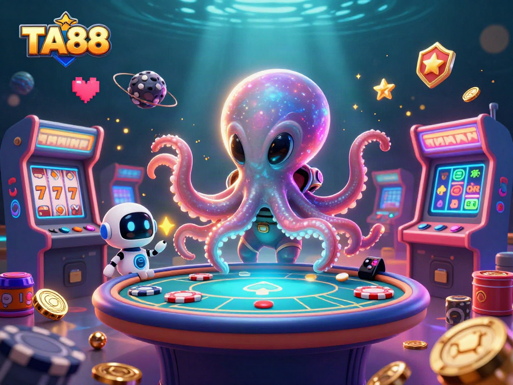 TA88 showcases an alien octopus at a floating poker table amidst cosmic casino elements.