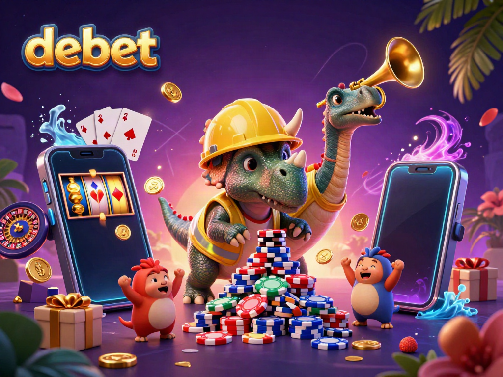Experience debet's vibrant casino action with a triceratops and friends celebrating wins surrounded by gaming elements.