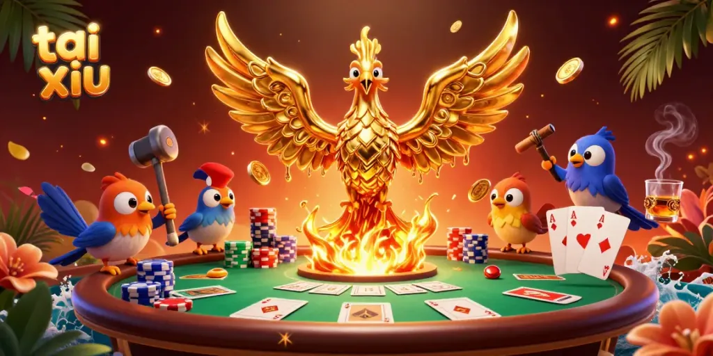 Engaging tai xiu gaming scene with a molten golden phoenix and poker elements.