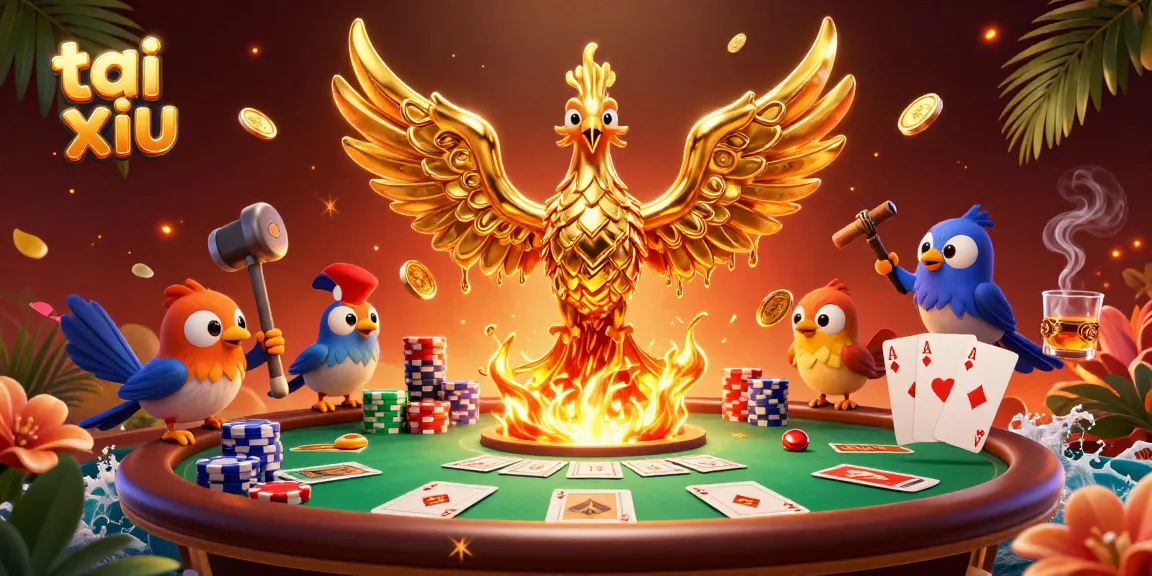 Engaging tai xiu gaming scene with a molten golden phoenix and poker elements.