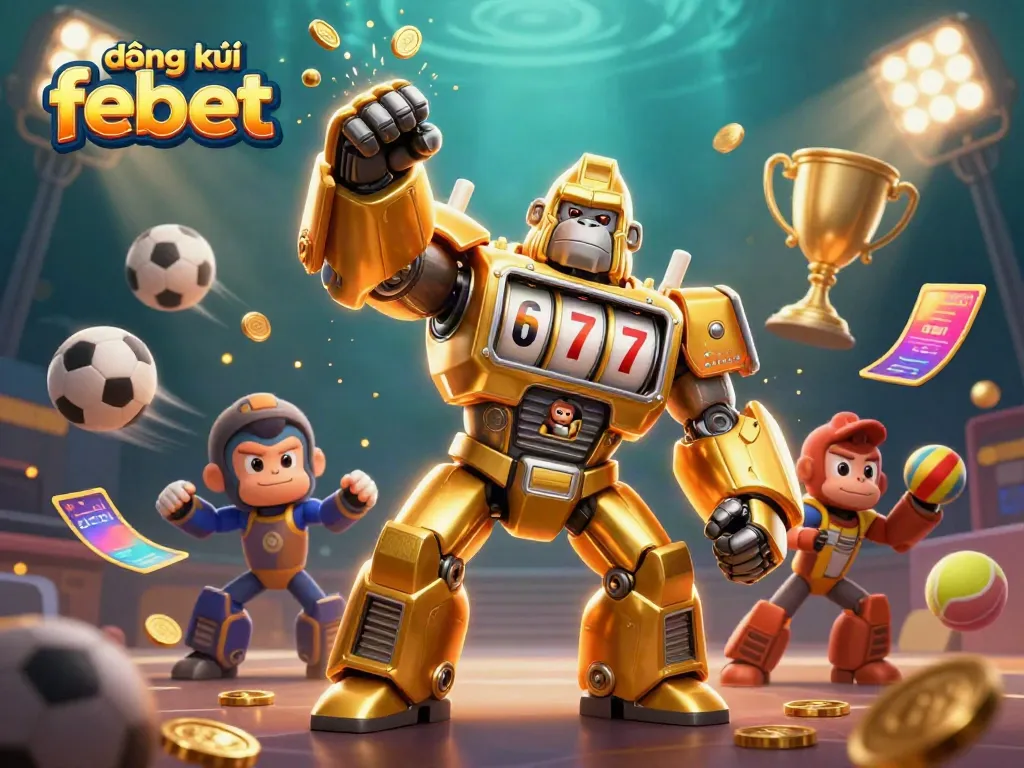 Engage in the excitement of đăng ký febet with a dynamic illustration featuring a golden gorilla mech amidst sports elements and coins.
