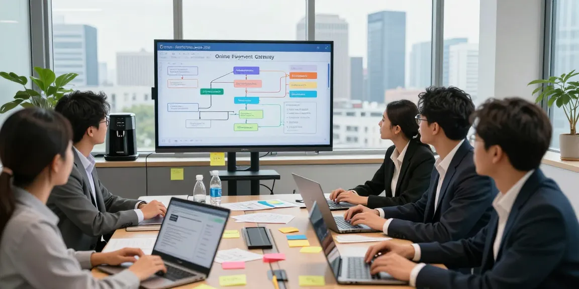 Team collaborating on an online payment gateway project in a modern office, showcasing digital payment solutions and engagement.