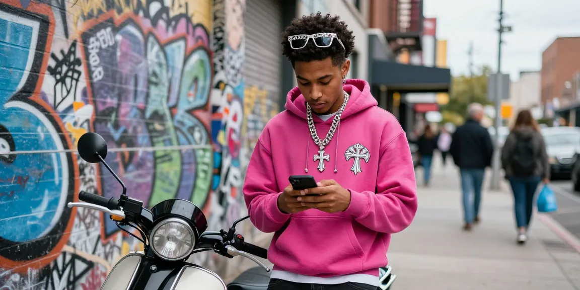 Stylish individual wearing a Chrome Hearts hoodie and jewelry in an urban setting.