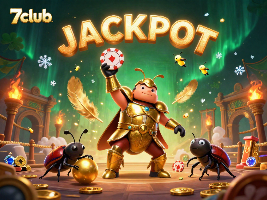 Join the excitement at 7club as victorious beetles celebrate big wins in this vibrant casino illustration.
