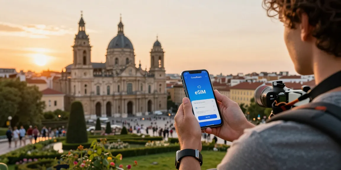 CocoRoam eSIM user enjoying seamless data connectivity at a European landmark during sunset.