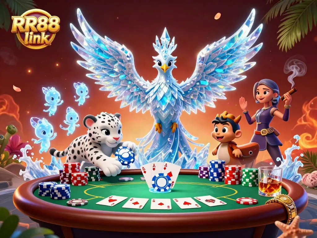 Experience thrilling gameplay with the dynamic RR88 link, featuring an ice phoenix and colorful poker elements.