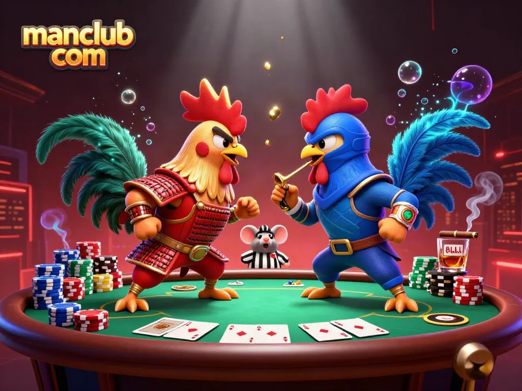 Engaging scene showcasing manclub com thrilling poker showdown with battling roosters and vibrant casino elements.