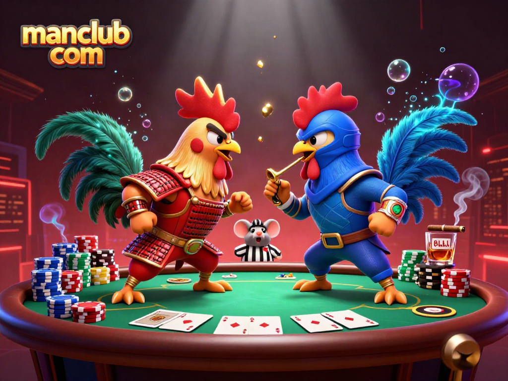 Engaging scene showcasing manclub com thrilling poker showdown with battling roosters and vibrant casino elements.