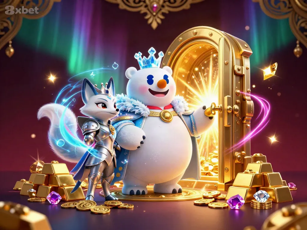 Engage with 8xbet through a captivating 3D illustration featuring a polar bear king and treasure amidst vibrant casino elements.