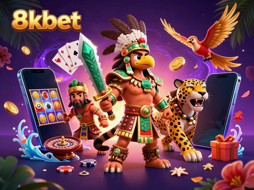 Play with 8xbet's vibrant slot games featuring dynamic Aztec warriors and thrilling casino elements.