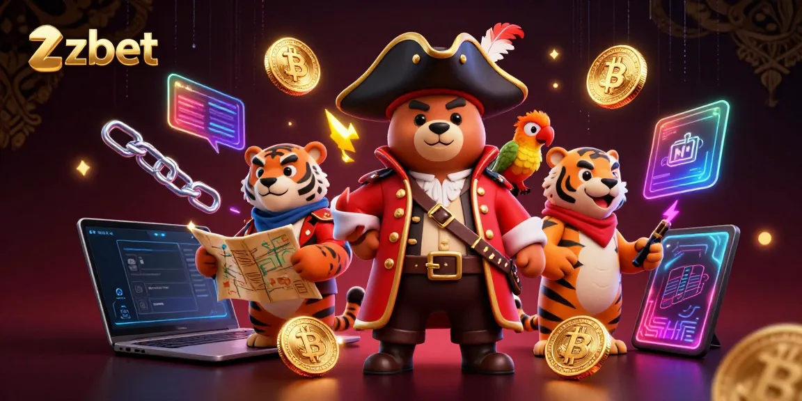 Engage in thrilling zbet casino adventures with a pirate bear captain, his tiger first mate, and glowing crypto elements.
