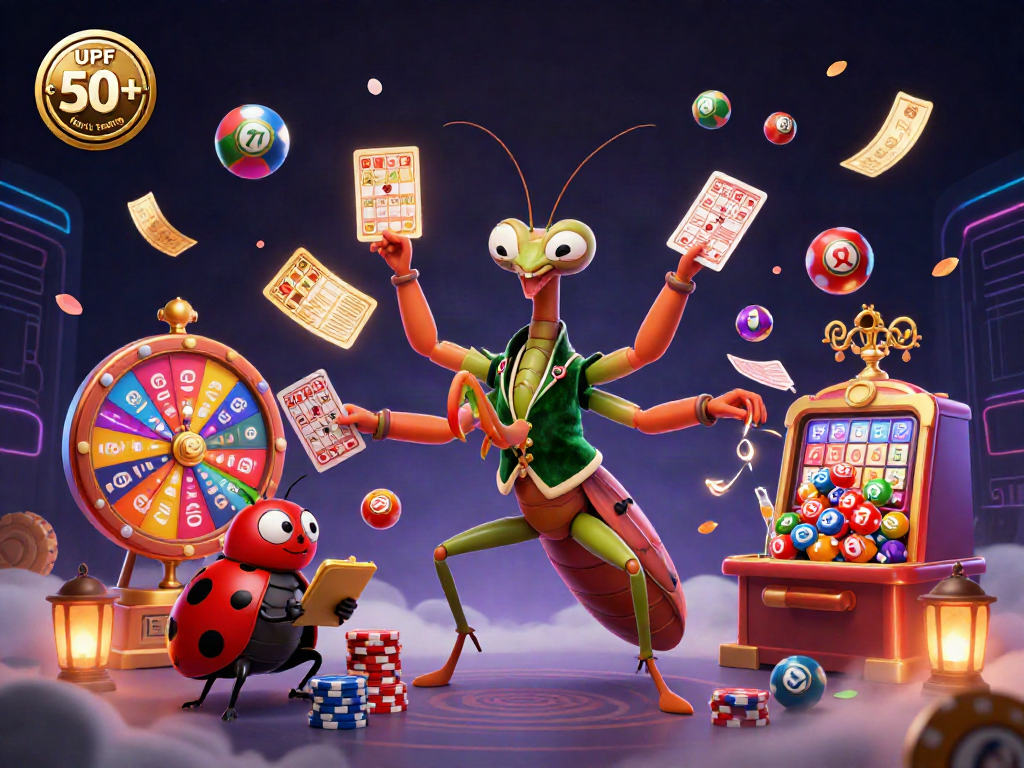 Engage in UPF 50+ fabric testing with a vibrant casino scene featuring dynamic lottery elements and colorful characters.
