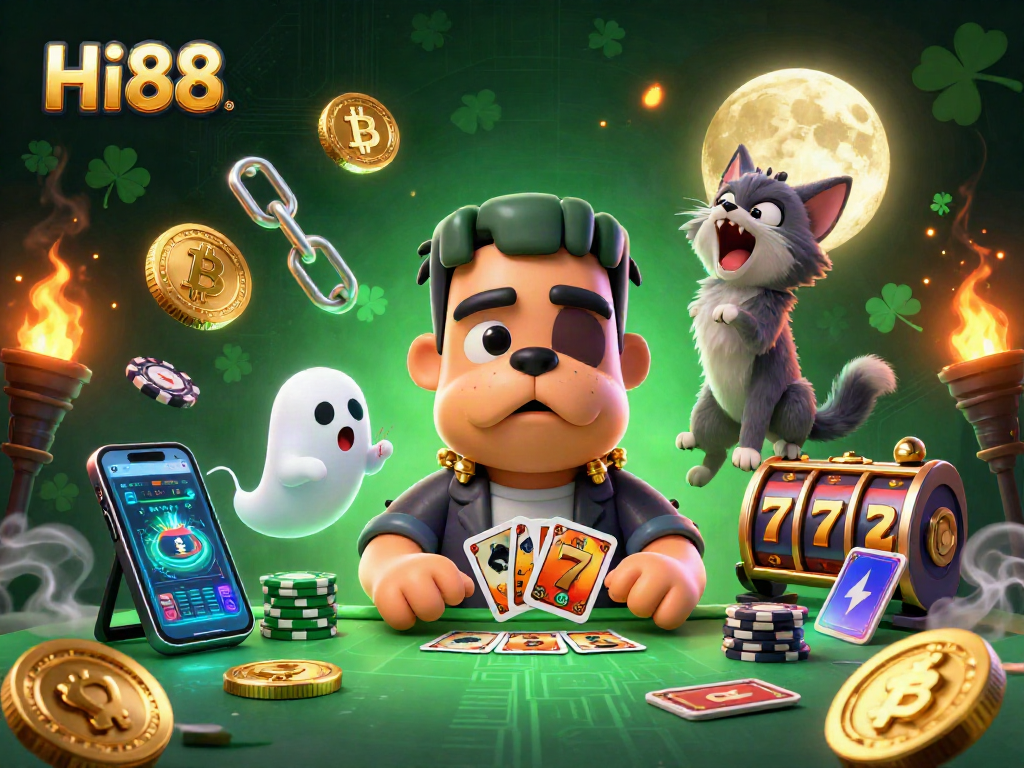 Hi88 casino scene featuring a Frankenstein bulldog dealing cards amid neon crypto coins.