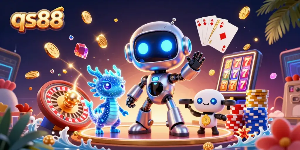 Experience thrilling gameplay at qs88 with neon robot and AI dragon surrounded by golden coins and casino elements.