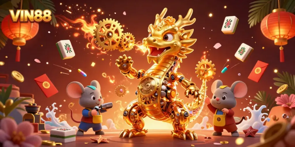 Experience thrilling gameplay at VIN88 with a fantastical dragon and animated lucky symbols.
