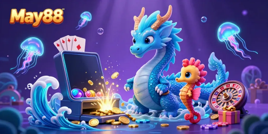 Experience May88's vibrant gambling realm with a 3D dragon and seahorse knight amidst dazzling slot game elements.