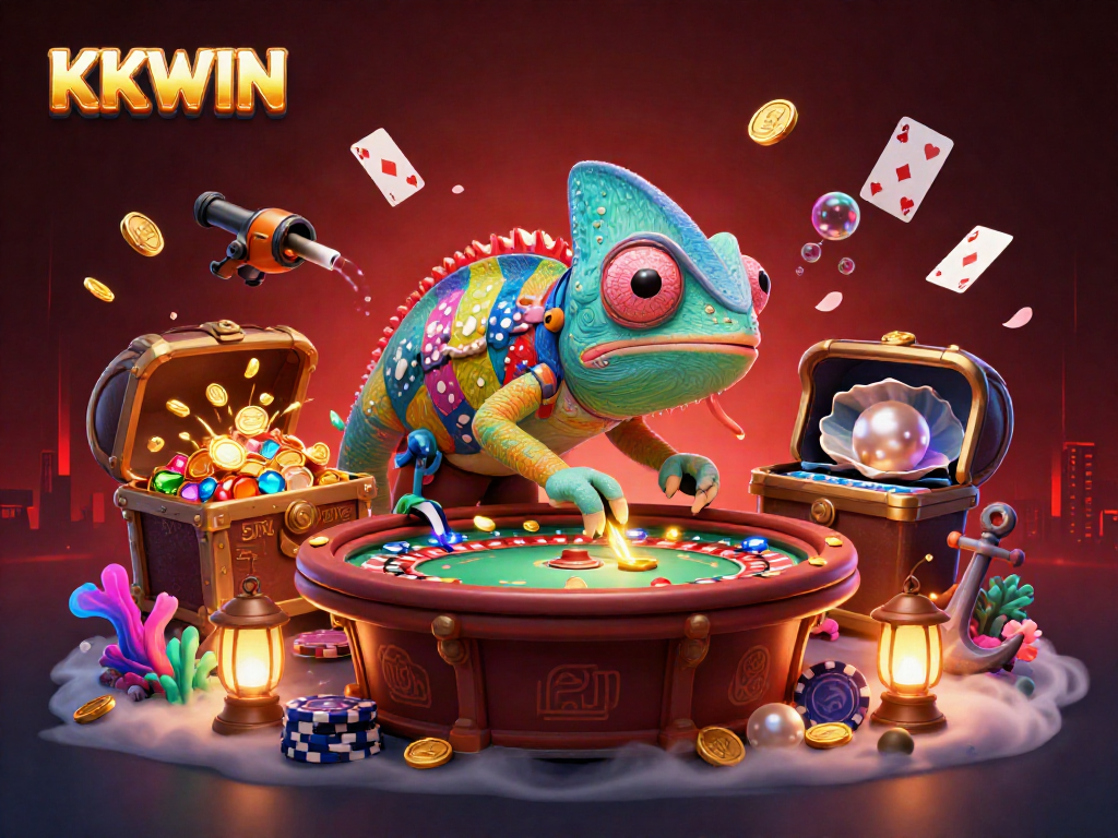 Capture the excitement of KKWIN with a dynamic scene of a colorful chameleon casino owner and gaming elements.