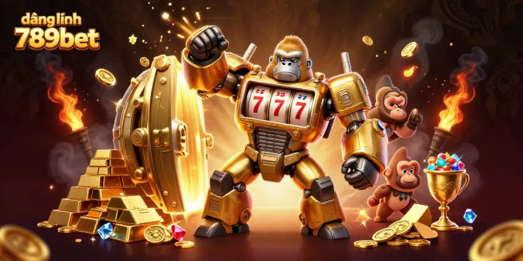 Experience the thrills of đăng nhập 789bet with an explosive visual of a golden gorilla mech and treasure vault.