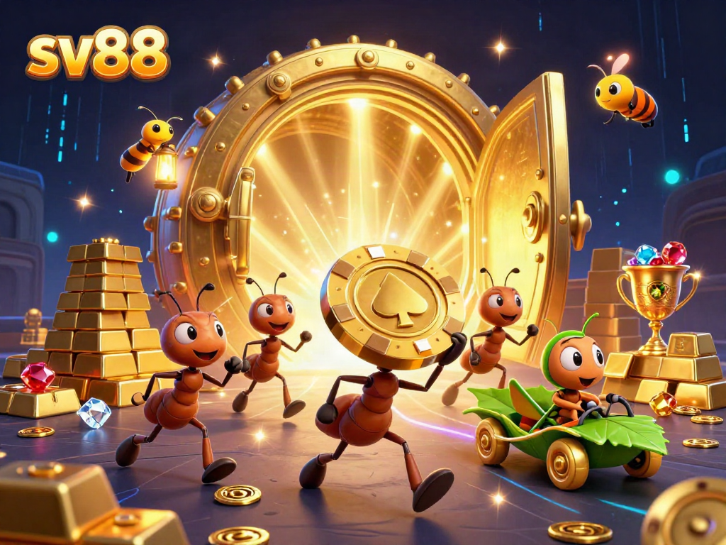 Watch SV88's cartoon ant team engage in a heist with golden poker chips in a vibrant casino setting.