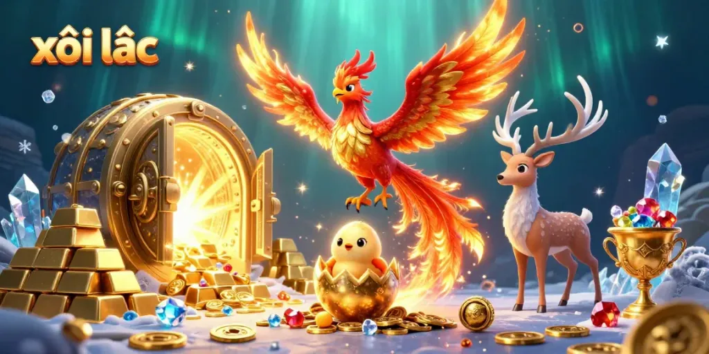 Experience the thrill of xôi lạc with a stunning casino scene featuring vibrant characters and treasures.