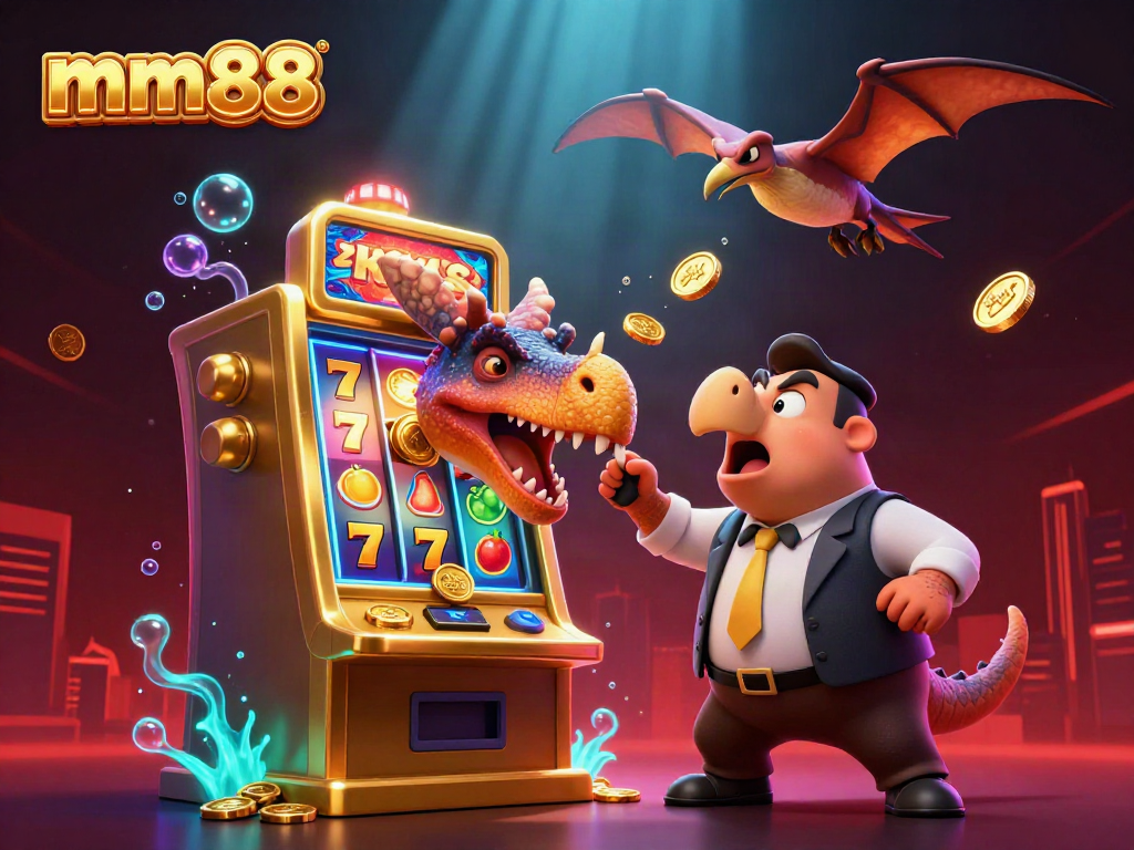 Experience exciting mm88 action as a dinosaur wins big at a slot machine surrounded by casino elements.