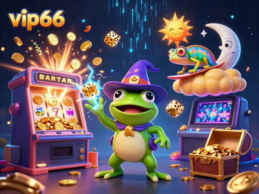 Experience the thrilling excitement of vip66 with a cartoon wizard frog conjuring golden coins amidst a dynamic casino scene.