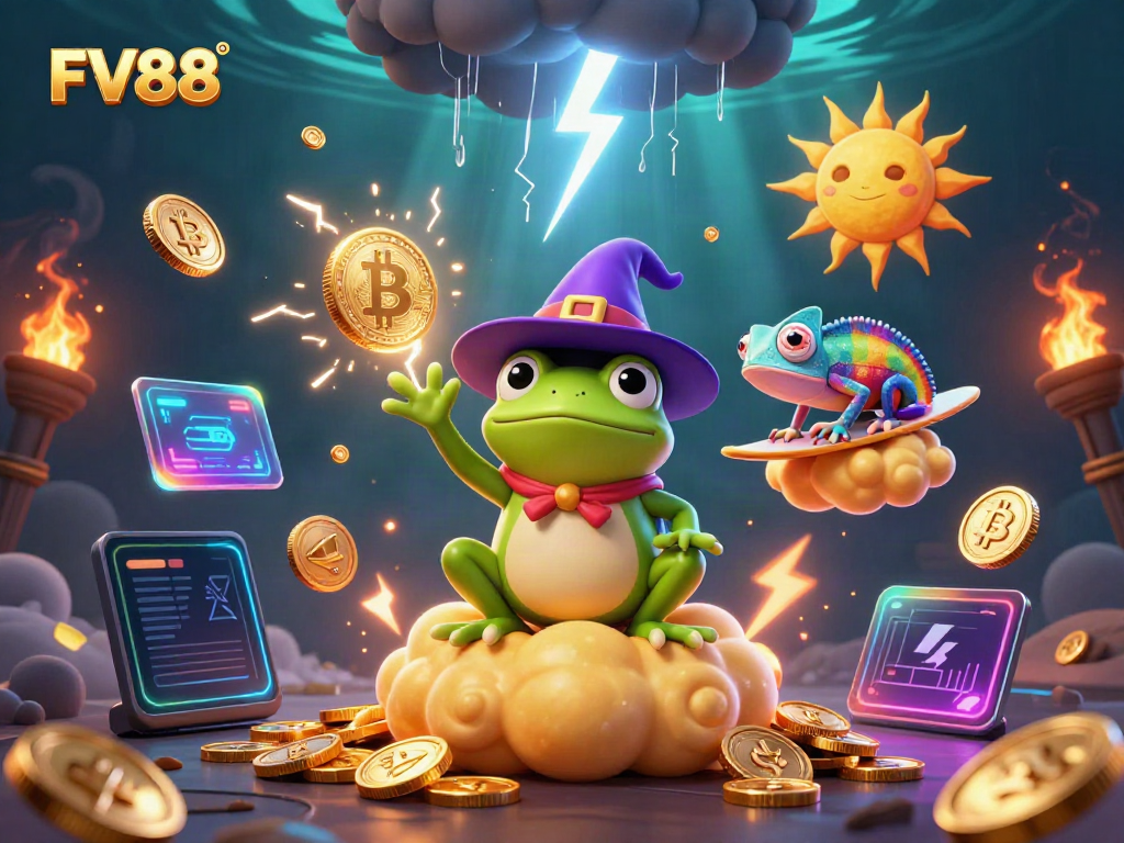 Experience the thrill of FV88 with a magical scene featuring a thunderstorm of coins and vibrant characters.