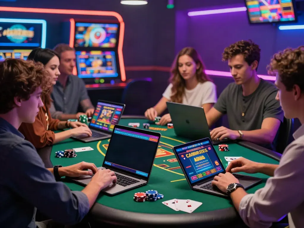 Group of friends exploring casinos non gamblock UK with laptops and vibrant gaming environment.