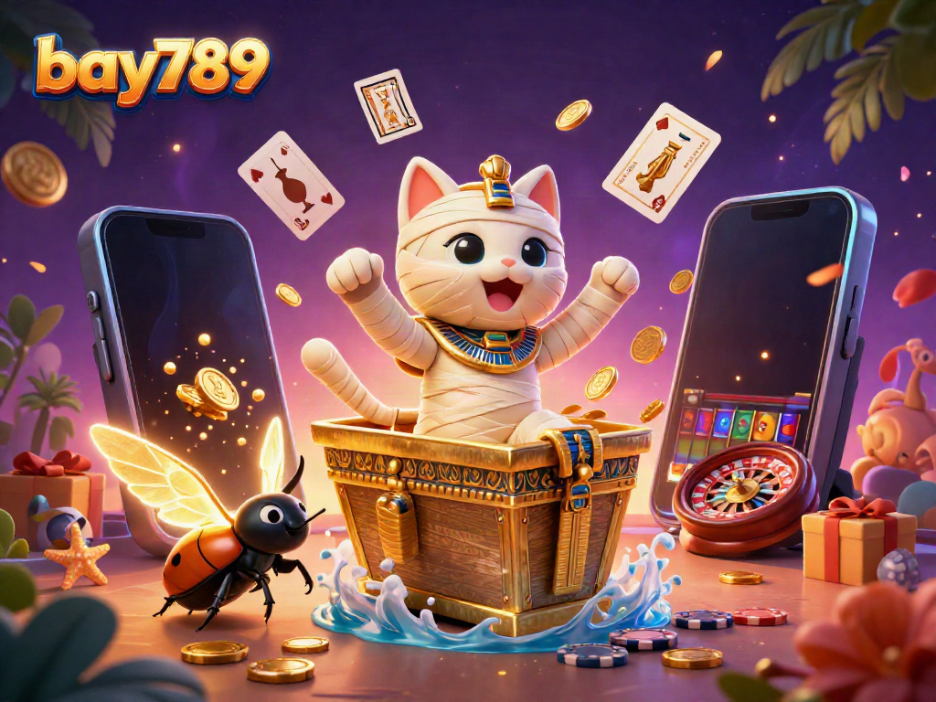 Experience excitement at bay789 with a lively scene of a cartoon mummy cat and golden scarab in a pyramid casino.