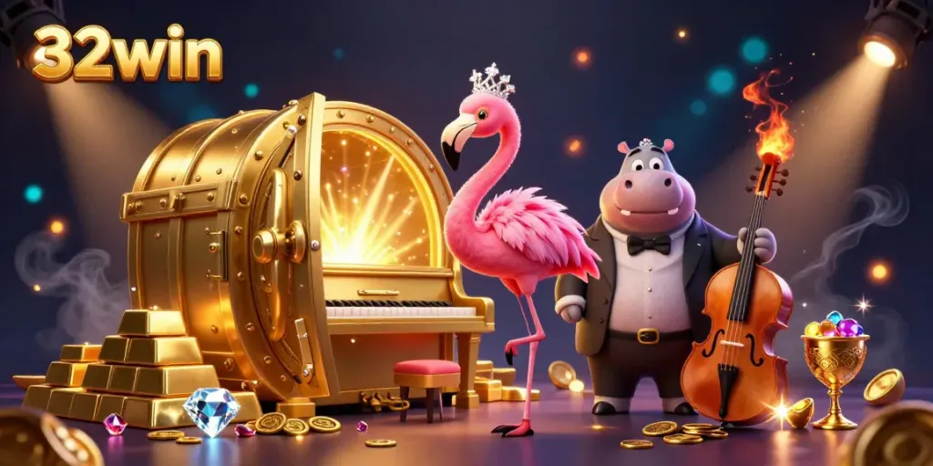 Engage in excitement at 32win with vibrant 3D casino characters performing amidst dazzling treasures.