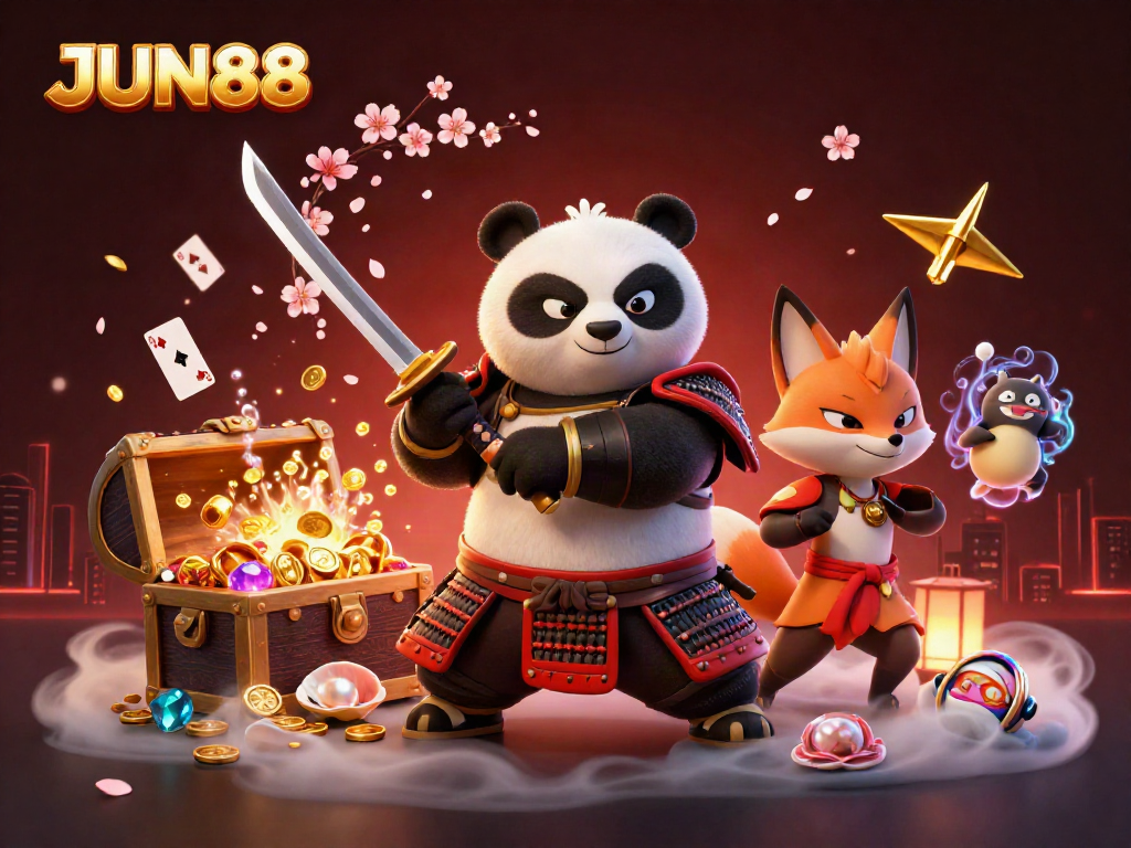 Experience thrilling gaming at JUN88 with a vibrant 3D illustration of a panda samurai surrounded by casino treasures.