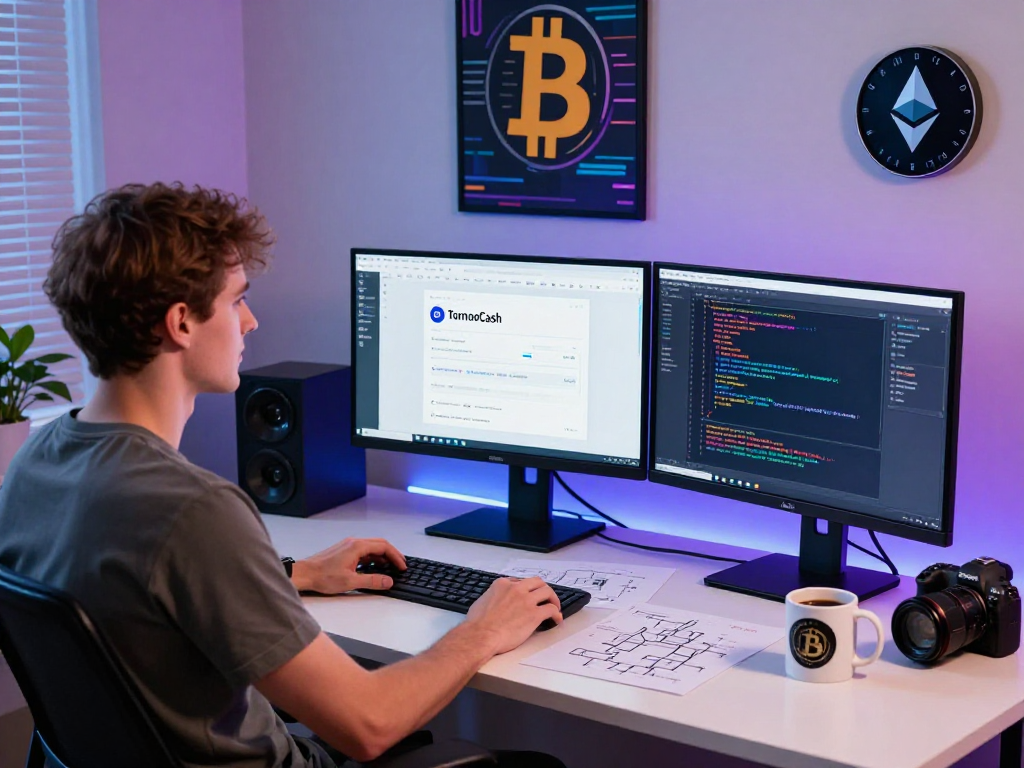 User interacting with Tornado Cash mixer interface showcasing decentralized finance technology.